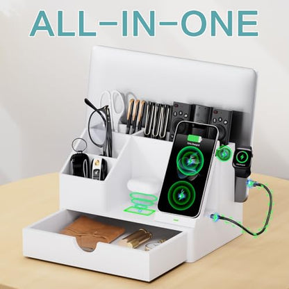 Sleek White PU Leather Charging Station with Drawer - 6-in-1 Multi-Device Desktop Organizer Docking Hub for iPad, Tablet, Laptop, Phone, Watch, Office Home Gift Idea - color: White