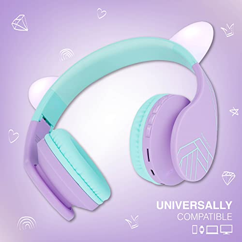 PowerLocus Bluetooth Headphones for Kids, Wireless Foldable Headphones Over Ear, Headphone with Microphone, 85DB Volume Limit, Wireless and Wired Headset with Micro SD, FM for Cellphones, Tablets, PC - color: Teal/Purple Cat Ears