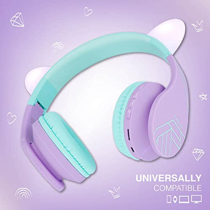 PowerLocus Bluetooth Headphones for Kids, Wireless Foldable Headphones Over Ear, Headphone with Microphone, 85DB Volume Limit, Wireless and Wired Headset with Micro SD, FM for Cellphones, Tablets, PC - color: Teal/Purple Cat Ears