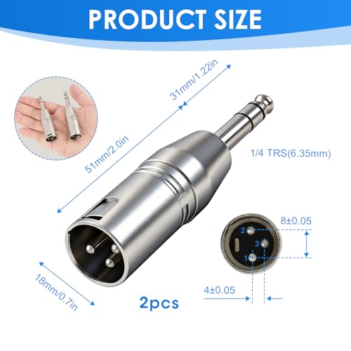 1/4" TRS to XLR Male Adapter, 2 Pack Balanced Audio Connector Quarter, 6.35mm Male Plug to Three Pin XLR Output for Mixer Microphone Amplifier Keyboard Guitar Interface Studio Equipment - color: Silver 1/4"TRS M to XLR M