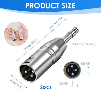 1/4" TRS to XLR Male Adapter, 2 Pack Balanced Audio Connector Quarter, 6.35mm Male Plug to Three Pin XLR Output for Mixer Microphone Amplifier Keyboard Guitar Interface Studio Equipment - color: Silver 1/4"TRS M to XLR M