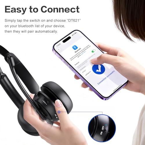 Wireless Headset with Mic for Work, Bluetooth Headphones with Microphone (Noise Cancelling & Mute Button), Wireless Headset with mic for Work/Computer/PC/Laptop/Cell Phones/Call Center/Teams/Zoom/Home