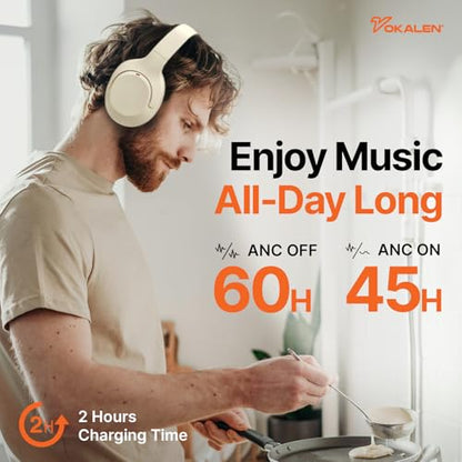 VOKALEN Hyper Pro Adaptive Active Noise Cancelling Headphones, Wireless Bluetooth Over Ear Headphones with mic, 60H Playtime, Comfort Fit Mesh Ear Cushions, Deep Bass Hi-Res Audio (Pro, Ivory White) - color: Ivory White, style: Pro