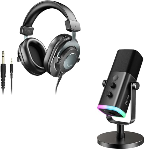 FIFINE XLR/USB Microphone and Studio Monitor Headphones Set, Computer Recording Mic with Mute Button, RGB, Over Ear Wired Headset Pack for YouTube Podcasting Streaming Gaming (AM8+H8)