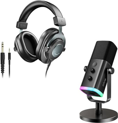 FIFINE XLR/USB Microphone and Studio Monitor Headphones Set, Computer Recording Mic with Mute Button, RGB, Over Ear Wired Headset Pack for YouTube Podcasting Streaming Gaming (AM8+H8)