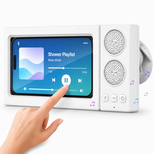 Waterproof Shower Phone Holder with Bluetooth Speaker, Wall Mount Phone Case for Bathroom, Dual Built-in Speakers, Touch Sensitive, Fog Resistant, Fits 4.7 to 7.0 Inch Phones (White) - color: White