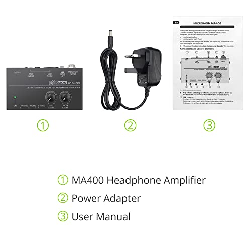LiNKFOR MA400 Headphone Amplifier for XLR Microphone & Audio Signal with Volume Controls, 6.35mm & 3.5mm Headphone Outputs, Portable with 12V Power Supply