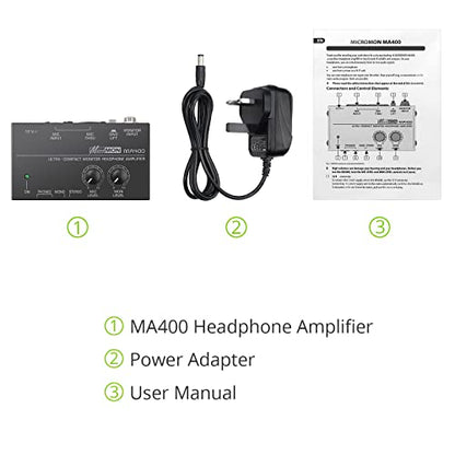 LiNKFOR MA400 Headphone Amplifier for XLR Microphone & Audio Signal with Volume Controls, 6.35mm & 3.5mm Headphone Outputs, Portable with 12V Power Supply