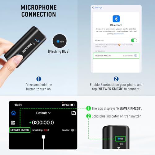 NEEWER KM23B Wireless Lavalier Microphone Bluetooth App Control, Compatible with iPhone Android Phone 8Hrs Battery Vocal Enhancement Noise Cancellation Volume Adjustment Low Cut for Streaming Vlogging