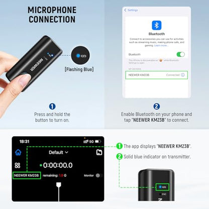 NEEWER KM23B Wireless Lavalier Microphone Bluetooth App Control, Compatible with iPhone Android Phone 8Hrs Battery Vocal Enhancement Noise Cancellation Volume Adjustment Low Cut for Streaming Vlogging