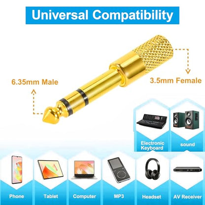 6.35mm (1/4 inch) Male to 3.5mm (1/8 inch) Female Audio Adapter, Stereo Headphone Jack Converter for Guitar Amplifier, Mixer, Aux Cable, Speaker – 2 Pack