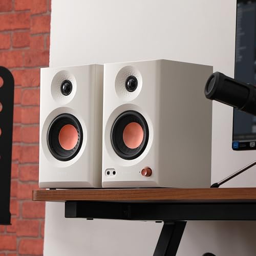 Edifier MR3 Powered Studio Monitor Speakers, Hi-Res Audio Certified Bluetooth V5.4 Active Bookshelf Loudspeakers, 2.0 Computer Speaker with Headphone Output RCA AUX Balanced TRS Input (White) - color: White