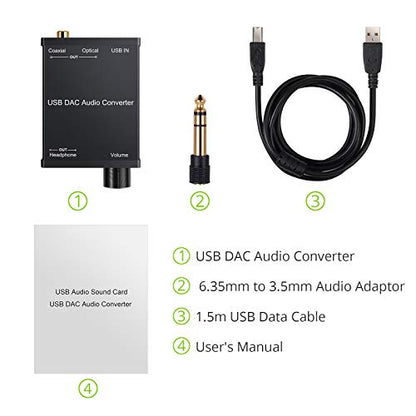 LiNKFOR USB DAC and Headphone Amplifier, Coaxial/Optical/6.35mm Headphone Output, USB to Coaxial S/PDIF Digital to Analog Converter Comaptible with Windows XP 7 10 and Mac PS4 PS3 - color: USB DAC with Amps