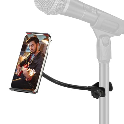 Flexible Phone Holder for Mic Stand, Adjustable Mic Stand Cell Phone Clip with 9" Long Flexible Gooseneck Arm for 4.72"-7.09" Mobile Phones and Tablets