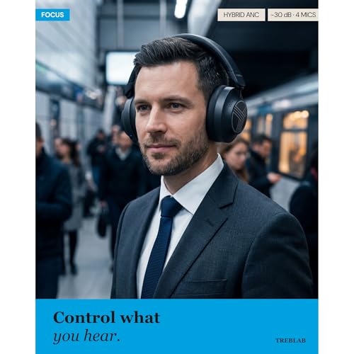TREBLAB Z7-Pro Noise Cancelling Over Ear Headphones Wireless Bluetooth | Hybrid ANC -30dB, 38H Battery, Transparency Mode, Foldable with Case, Multipoint BT 5.3, Gaming Mode 65ms, USB-C, AUX
