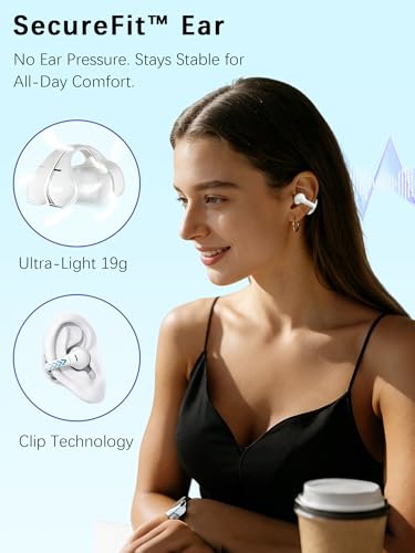 Open Ear Earbuds ENC AI Air Conduction Headphones 68H Playtime, Stereo Sound, Touch Control, Premium Clip-On Open-Ear Earphones for Office & Daily Use, White - color: White