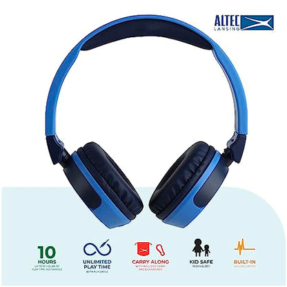 Altec Lansing Kid Safe 2-in-1 Wireless Bluetooth Headphones - Crystal Clear Sound, Safe Volume Limiting, Foldable Design - Enjoy Audio and Protect Your Child's Hearing (Knight Blue) - color: Knight Blue