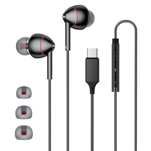 USB-C Wired Earbuds with Microphone, Volume Control, Noise Canceling, Compatible with Samsung Galaxy S24 S23 S22, iPhone 17 16 15 Pro Pro max, Pixel Phones - color: Updated black