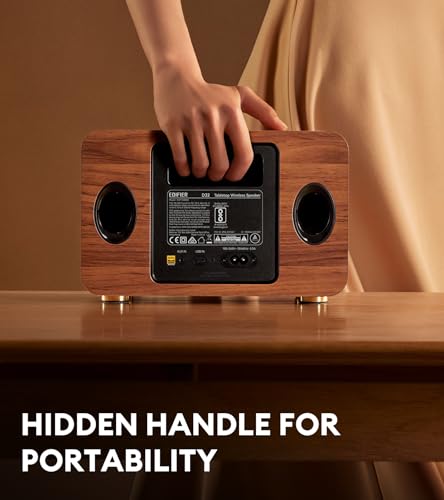Edifier D32 Retro Wooden Tabletop Wireless Speaker AirPlay2, Brown | 60W RMS, Dual Hi-Res, Bluetooth5.3, Hi-Res Audio, ALAC, LDAC, 11H Battery, DSP Crossover, MDF Retro Cabinet, USB-C, AUX Input - color: Brown