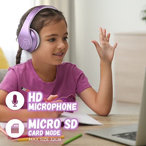 PowerLocus Kids Headphones Over-Ear, Bluetooth Wireless Headphones for Kids,with Microphone, Safe 85DB Volume Limited, Foldable with Carry Case, Audio Cable, Micro SD mode for Online Classes,PC,Phones - color: Purple