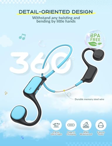 iClever OWS01 Kids Bluetooth Headphones, Air Conduction Open Ear Headphones | SafeSound Tech, Clear Audio Bluetooth 5.4, 360° Bending Ultra-Light Kids Wireless Headphones for Travel/School/Sports/Outdoor - color: Blue