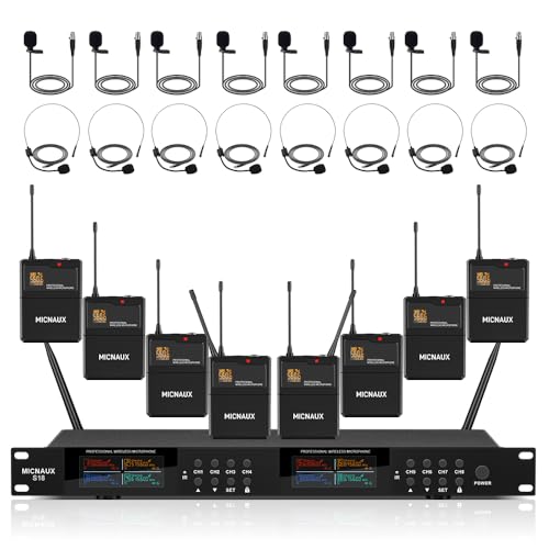 Lapel Wireless Microphone System with Headset & Lavalier Mics, Pro 8 Channel UHF Mics Set with Bodypack Transmitter & Metal Receiver, 200 Adjustable Frequency, 300ft Range for Church, Party - size: 8 Channel