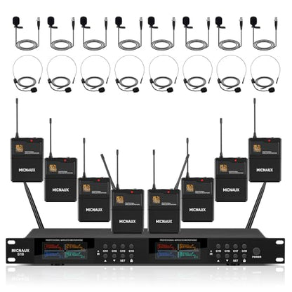 Lapel Wireless Microphone System with Headset & Lavalier Mics, Pro 8 Channel UHF Mics Set with Bodypack Transmitter & Metal Receiver, 200 Adjustable Frequency, 300ft Range for Church, Party - size: 8 Channel