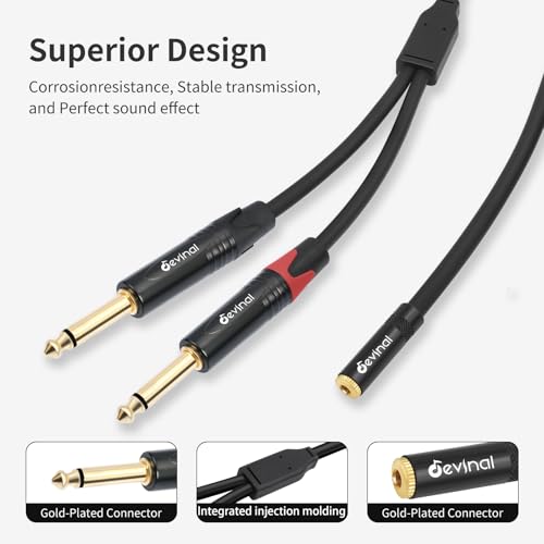 3.5mm to Dual 1/4 Y Splitter Cable, 1/8" Female TRS to Dual 6.35mm TS Male Adapter, Female Mini Jack Stereo to 2 Quarter inch Mono Converter 1 feet - color: Black 3.5mm TRS Female to Dual 1/4" TS Male 1 Foot