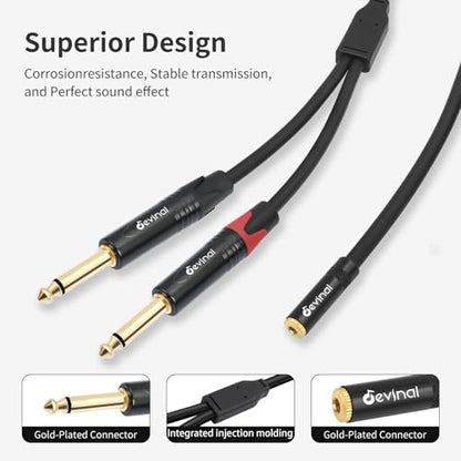 3.5mm to Dual 1/4 Y Splitter Cable, 1/8" Female TRS to Dual 6.35mm TS Male Adapter, Female Mini Jack Stereo to 2 Quarter inch Mono Converter 1 feet - color: Black 3.5mm TRS Female to Dual 1/4" TS Male 1 Foot