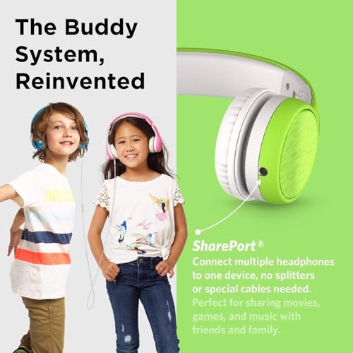 LilGadgets Connect+ Style On-Ear Kids Headphones with Microphone - SharePort Technology, SoftTouch Padding, Detachable Cable, Volume Limiting, Durable & Adjustable - Green - color: Green
