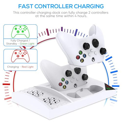 Cooling Fan with Charging Stand for Xbox Series S Console and Controller | Dual Charger Dock Accessories with 2 x 1400mAh Rechargeable Battery and Cover, Headphone Mount for Xbox Series S, White - color: White