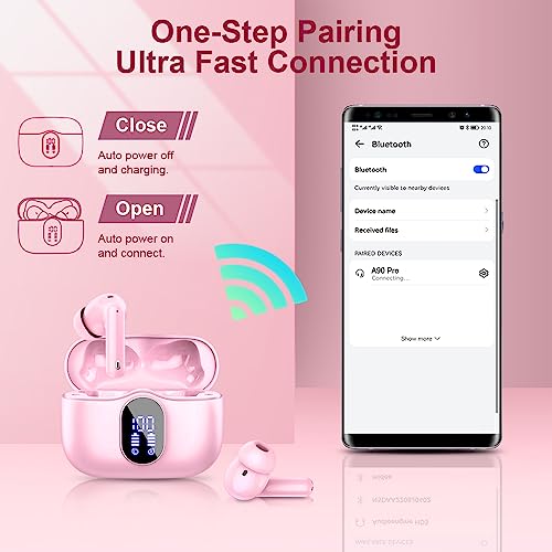 Btootos Wireless Earbuds Bluetooth 5.4 Headphones Bass Stereo Ear Buds with Noise Cancelling Mic LED Display in Ear Earphones IP7 Waterproof 36H Playtime for Laptop Pad Phones Sports Workout Pink | Ear Buds with Noise Cancelling Mic LED Display, 36H, IP7