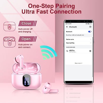 Btootos Wireless Earbuds Bluetooth 5.4 Headphones Bass Stereo Ear Buds with Noise Cancelling Mic LED Display in Ear Earphones IP7 Waterproof 36H Playtime for Laptop Pad Phones Sports Workout Pink | Ear Buds with Noise Cancelling Mic LED Display, 36H, IP7
