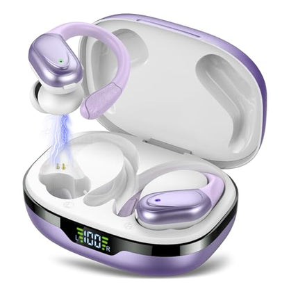Ear buds Wireless Earbuds Bluetooth 5.3 Headphones 60hrs Playtime with Digital Display Sports Wireless Headphones with Earhook Deep Bass IPX7 Waterproof Over-Ear Earbuds for Android iOS Workout Purple - color: Purple