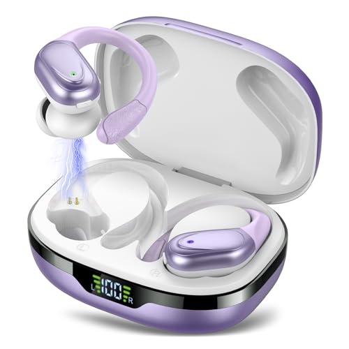 Ear buds Wireless Earbuds Bluetooth 5.3 Headphones 60hrs Playtime with Digital Display Sports Wireless Headphones with Earhook Deep Bass IPX7 Waterproof Over-Ear Earbuds for Android iOS Workout Purple - color: Purple