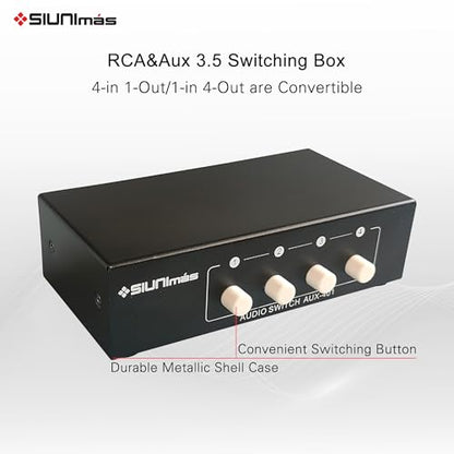 4-in 1-Out RCA and 3.5mm Aux Audio Receiver Switching Box 4 Channels Audio Converter Passive Audio Selector Switch Box 1-in 4-Out (S401-RCA AUX)