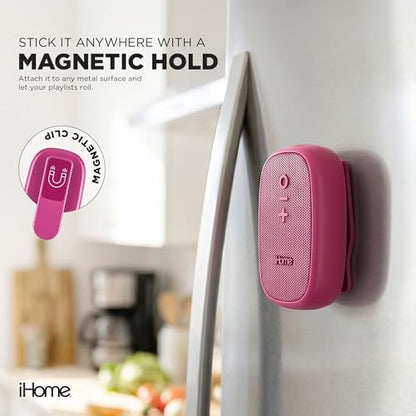 iHome Nano Clip-On Wireless Bluetooth Speaker with Magnetic Clip | Bluetooth 5.3, IPX6 Water-Resistant, Touch Controls, 5W, 2.5-hr Playtime, Charging Cable Included, Rechargeable Battery - color: Pink