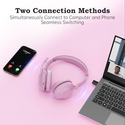 Bluetooth Wireless Headset with Mic for Work, Advanced Noise Reduction Microphone, Clear Calls - Comfortable On-Ear Headphones, Bluetooth 5.3, Applicable to Laptop, PC, Zoom, Office(Pink) - color: Pink