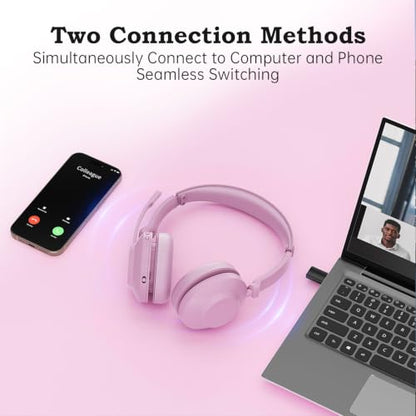 Bluetooth Wireless Headset with Mic for Work, Advanced Noise Reduction Microphone, Clear Calls - Comfortable On-Ear Headphones, Bluetooth 5.3, Applicable to Laptop, PC, Zoom, Office(Pink) - color: Pink
