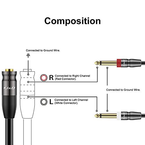 J&D 3.5mm TRS to Dual 1/4 in TS Cable, Heavy Duty 3.5 mm to 2 x 6.35 mm Cable 3.5 mm 1/8 Female to 1/4 Male Cord for Mixer Guitar Piano Amplifier Speaker, 6 Feet (Pack of 2) - size: 6 Feet (Pack of 2)