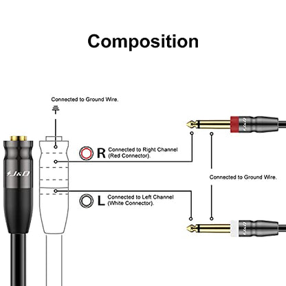 J&D 3.5mm TRS to Dual 1/4 in TS Cable, Heavy Duty 3.5 mm to 2 x 6.35 mm Cable 3.5 mm 1/8 Female to 1/4 Male Cord for Mixer Guitar Piano Amplifier Speaker, 6 Feet (Pack of 2) - size: 6 Feet (Pack of 2)