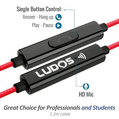LUDOS Clamor Wired Earbuds in-Ear Headphones, 5 Years Warranty, Earphones with Microphone, Noise Isolating Ear Buds, Memory Foam for iPhone, Samsung, School Students, Kids, Women, Small Ears - Red - color: Red, style: 3.5 mm