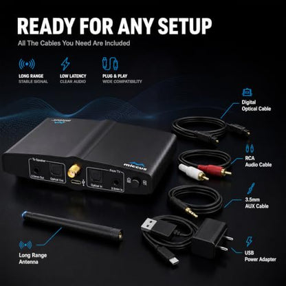 Long Range Bluetooth Audio Transmitter or Receiver for TV Home RTX 2.0 | TV PC stereo, Connect speakers, headphones & phones, aptX Low Latency, Optical RCA & 3.5mm, HD audio