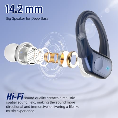 75H Sports Wireless Earbuds Bluetooth 5.4 Headphones Stereo, Dark Blue | Over Ear Buds with Earhooks, LED Display Bluetooth Earbuds with 4 ENC Mic, IP7 Waterproof Earphone for Running