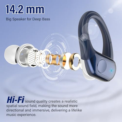 75H Sports Wireless Earbuds Bluetooth 5.4 Headphones Stereo, Dark Blue | Over Ear Buds with Earhooks, LED Display Bluetooth Earbuds with 4 ENC Mic, IP7 Waterproof Earphone for Running