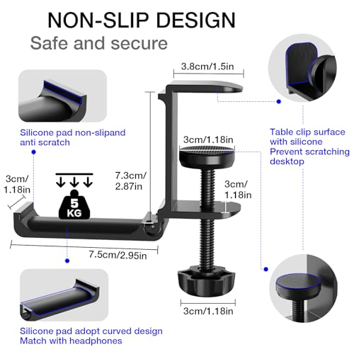 Foldable Headphone Stand Clamp-On Design Silicone Pad Portable Space-Saving Holds Up to 5KG Fits Desk Setup/Office/Home
