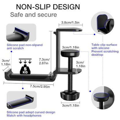 Foldable Headphone Stand Clamp-On Design Silicone Pad Portable Space-Saving Holds Up to 5KG Fits Desk Setup/Office/Home