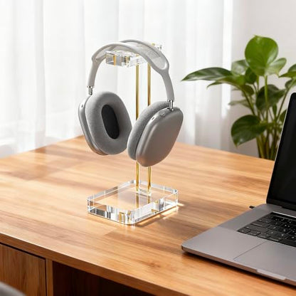 Headphone Stand Headset Holder for Desk, Solid Christal-Clear Acrylic with Gold Hardware Earphone Hanger for Gaming Room Office Accessories - color: Gold
