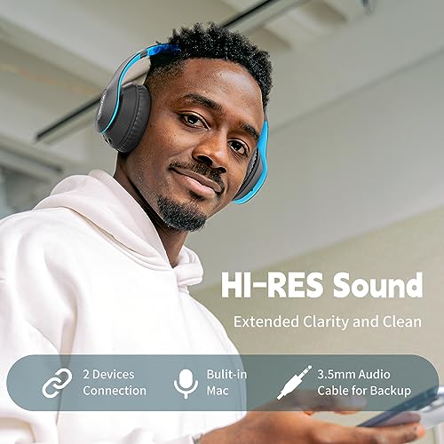 Wireless Bluetooth Headphones Over Ear V6.0 HiFi Stereo with Mic | 65H Playtime 6EQ Modes Foldable Bluetooth Headset with Microphone for Travel Smartphone Computer Laptop Blue - color: Blue