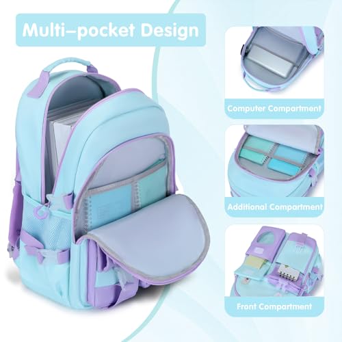 ACESAK Backpack for Girls with Headphones - Girls Backpack with Lunch Box, Pencil Case & Kids Headset - 3.5mm Wired Headphones for School Bookbag Schoolbag Set Back To School Gift (Blue Purple) - color: Blue Purple